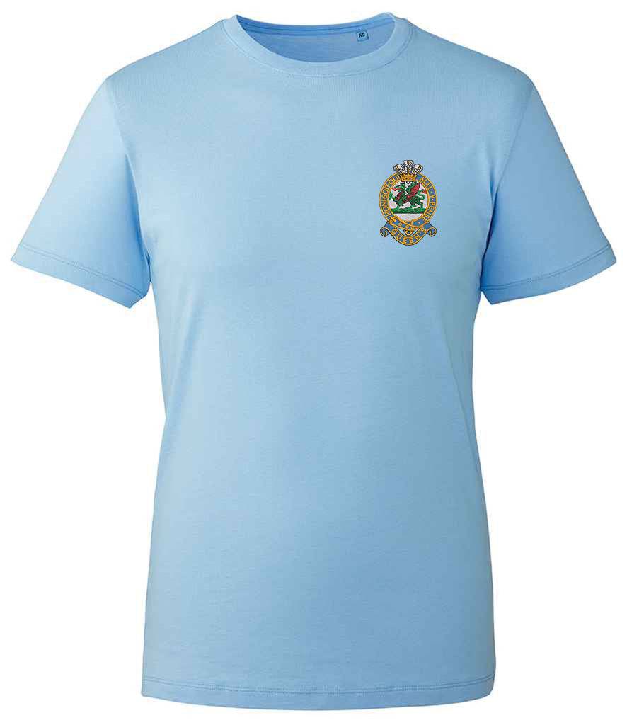 Queens Regiment T-Shirt with embroidered emblem on light blue organic cotton fabric.