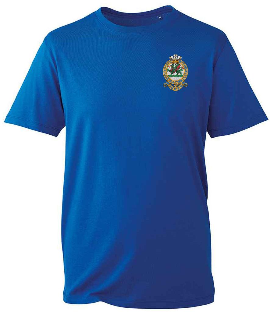 Queens Regiment T-Shirt with embroidered emblem, 100% organic cotton, blue, modern fit.