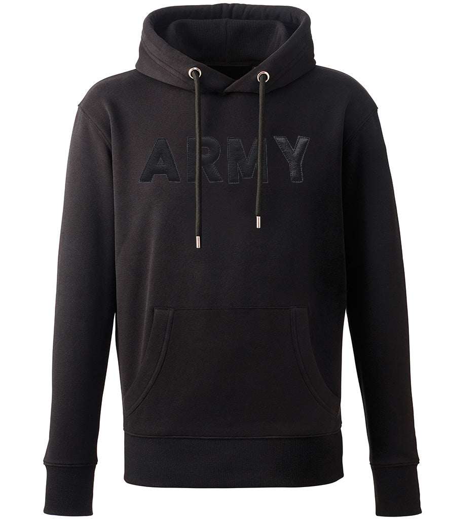 Black ARMY hoodie with 3D puff embroidery and front pouch pocket.