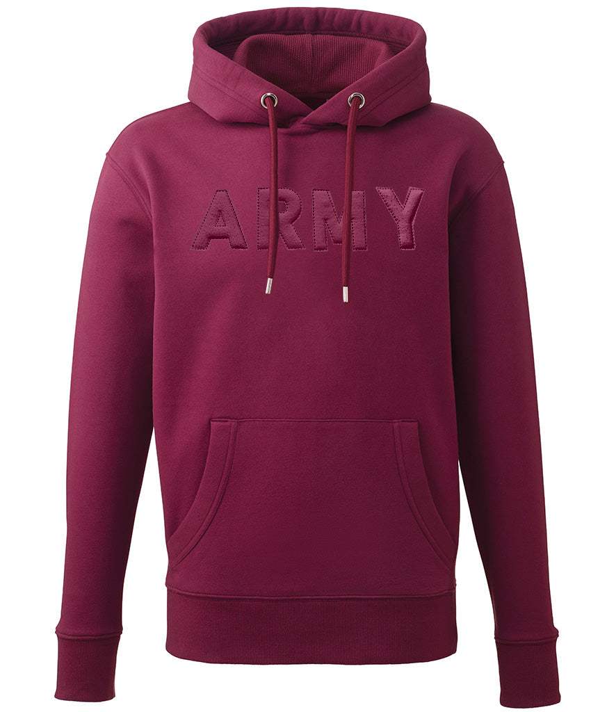 Maroon ARMY hoodie with 3D puff embroidery, organic cotton blend.