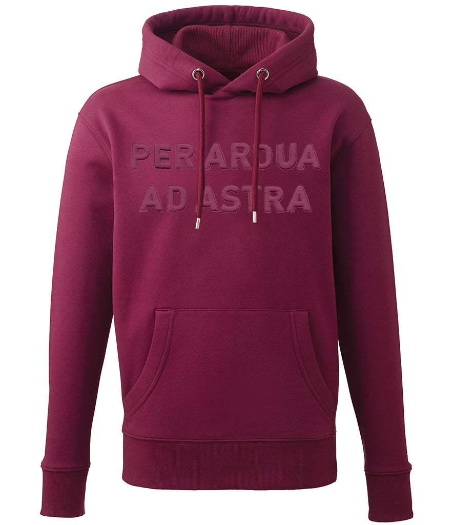 Royal Air Force hoodie with 3D puff "Per Ardua Ad Astra" embroidery in maroon with drawcords and front pocket.