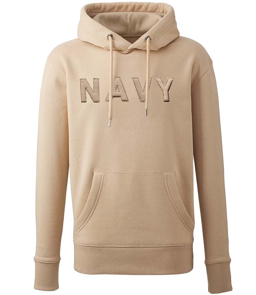 Royal Navy Hoodie with 3D puff embroidered logo, featuring a front pouch pocket and drawcord hood in khaki.