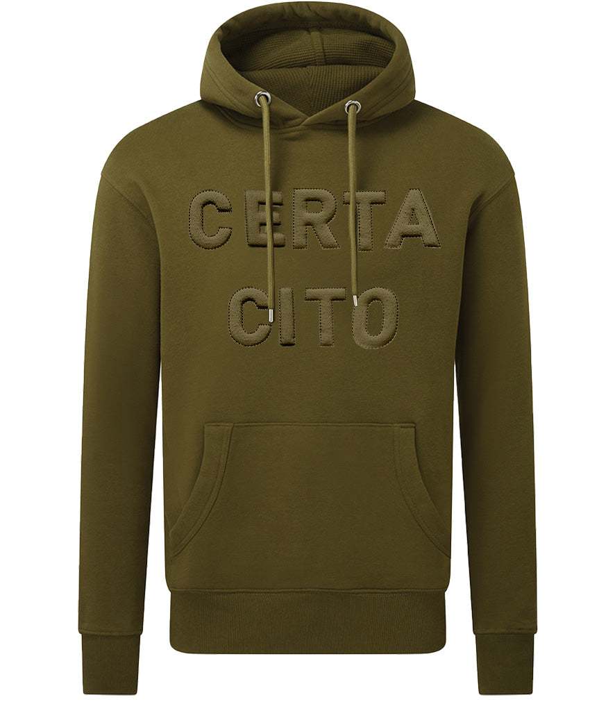 Royal Signals hoodie with "CERTA CITO" 3D puff embroidery in green.