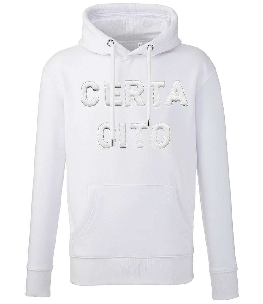 Royal Signals Hoodie with "Certa Cito" 3D puff embroidery in white, organic cotton blend.