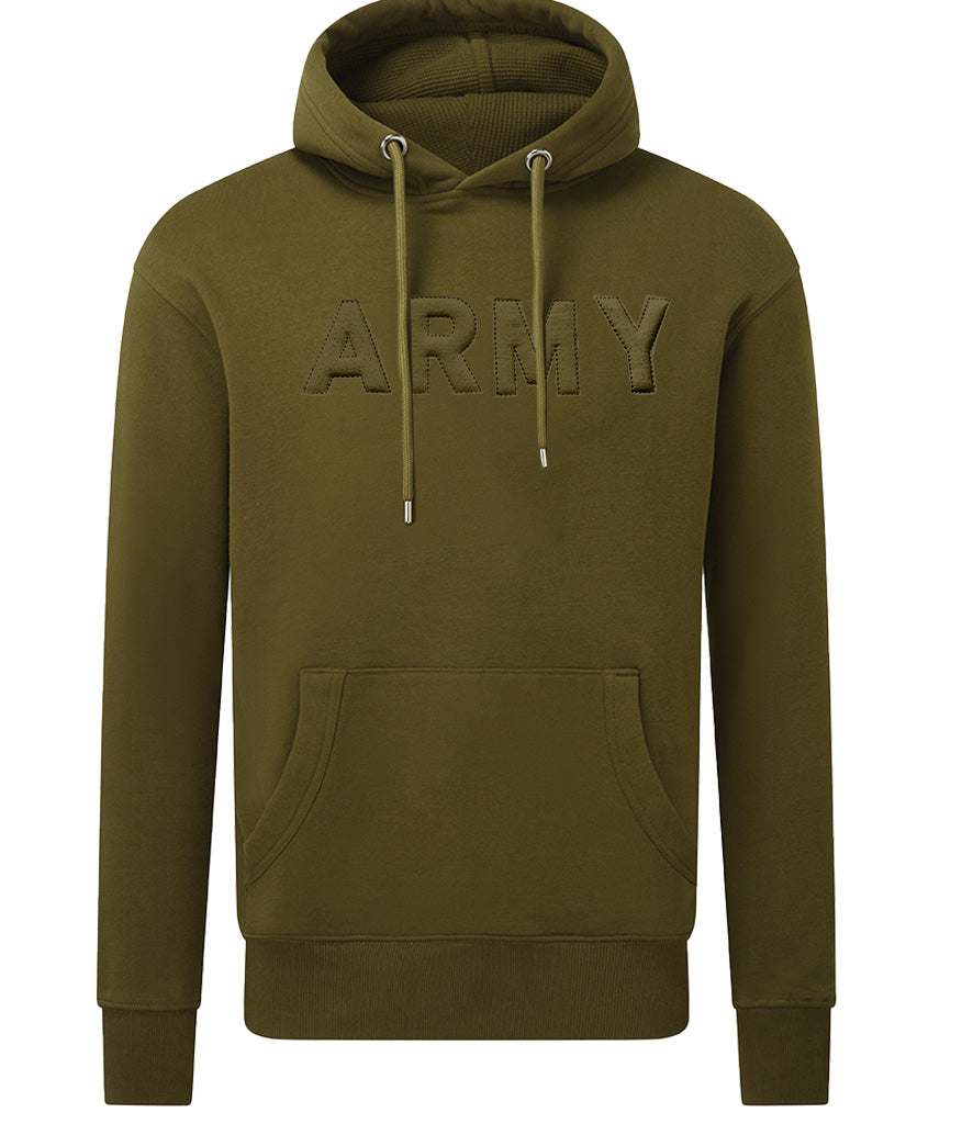 Army Hoodie with 3D Puff Embroidery, Organic Cotton, Recycled Polyester, Front Pouch Pocket, Hooded Pullover, Olive Green.