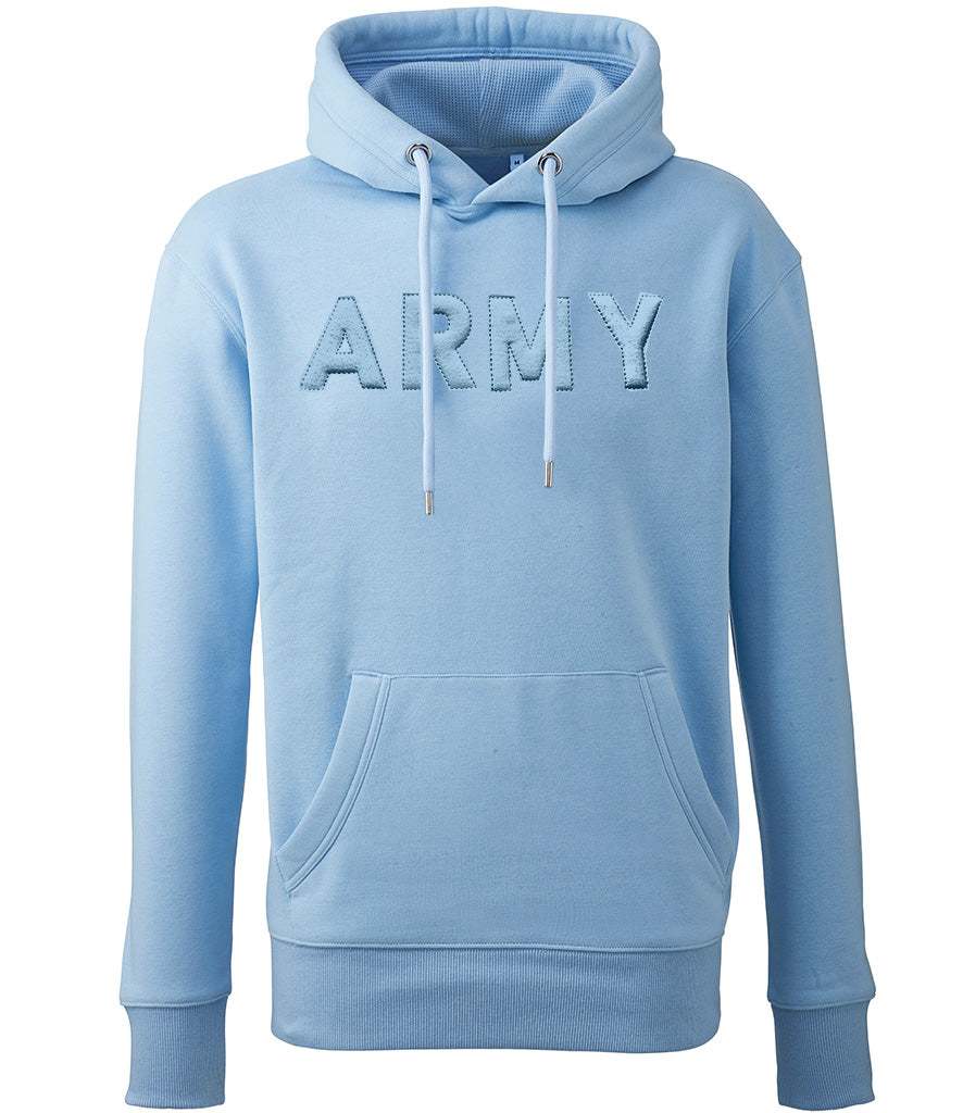 Sky blue ARMY hoodie with 3D puff embroidery, front pocket, and drawcord hood.