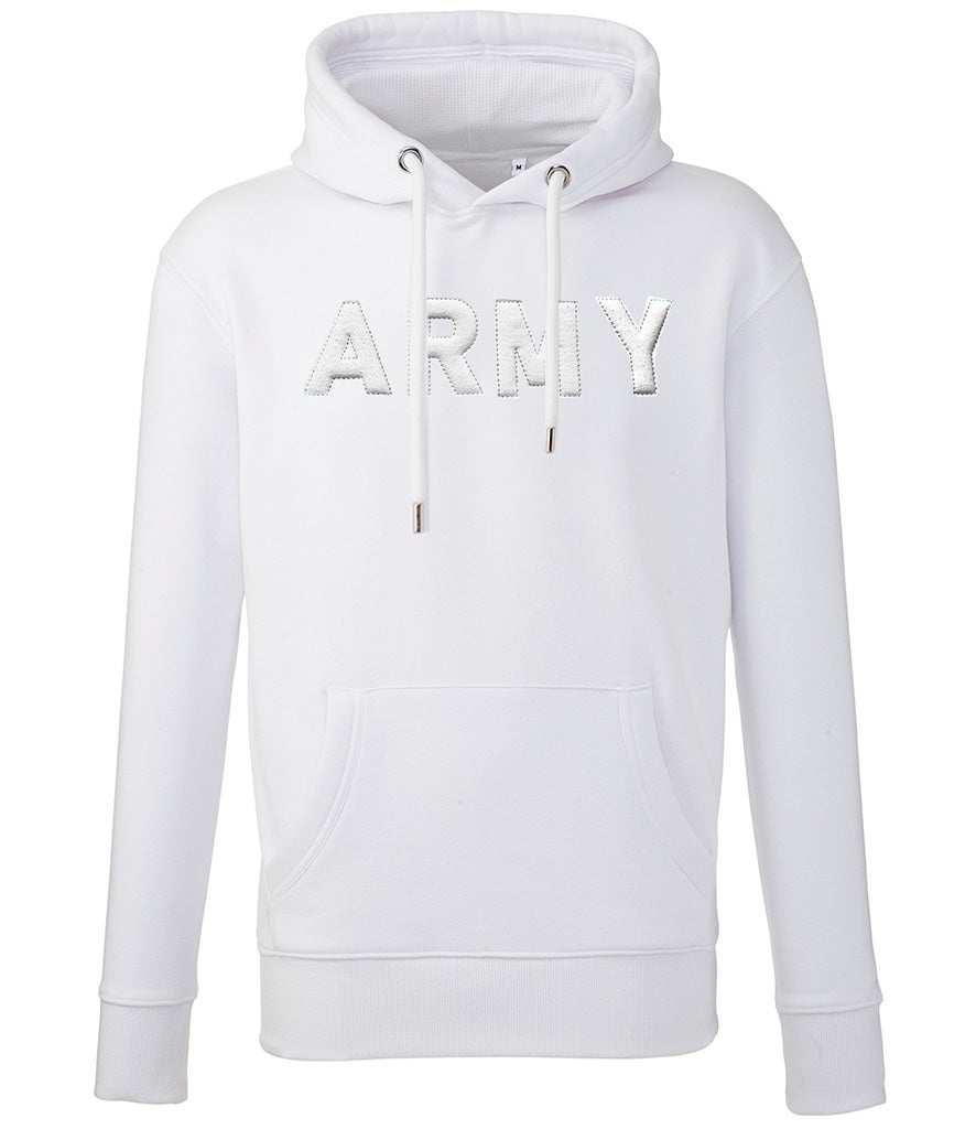 White ARMY hoodie with 3D puff embroidery, featuring drawcord hood and front pouch pocket.