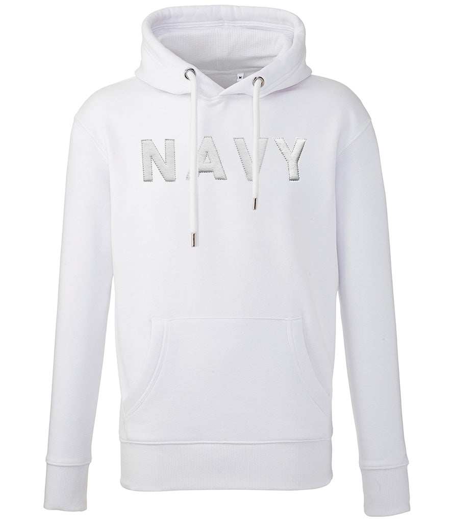 White Royal Navy hoodie with 3D puff embroidered "Navy" logo, organic cotton and recycled polyester, front pouch pocket.