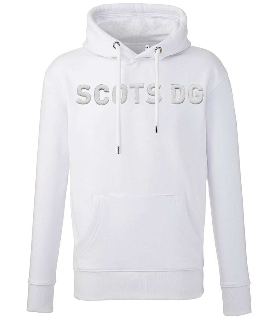 White SCOTS DG 3D Puff Embroidered Hoodie with front pouch pocket and drawcord.