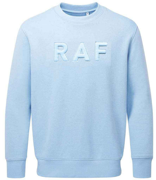 Sky blue Royal Air Force sweatshirt with "RAF" 3D puff embroidery.