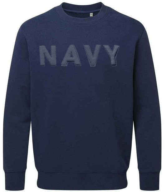 Royal Navy sweatshirt with 3D embroidered logo in navy blue, made from organic cotton and recycled polyester.