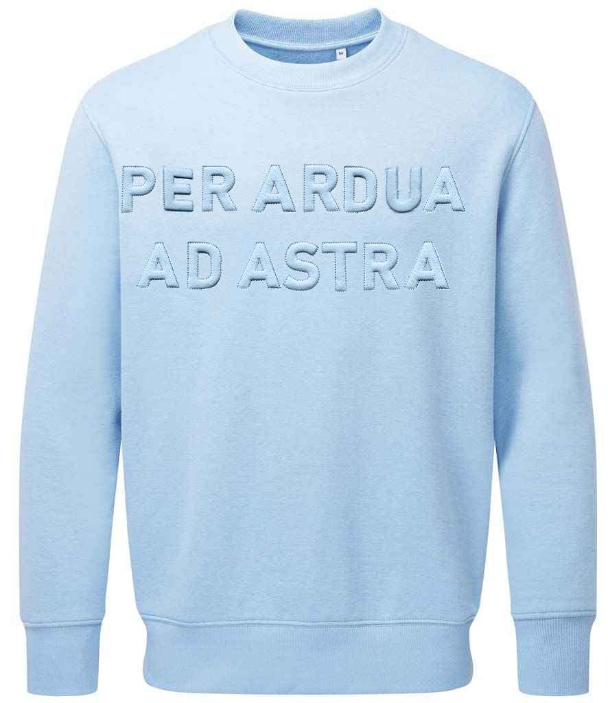 Royal Air Force sweatshirt with "Per Ardua Ad Astra" 3D puff embroidery on light blue fabric.