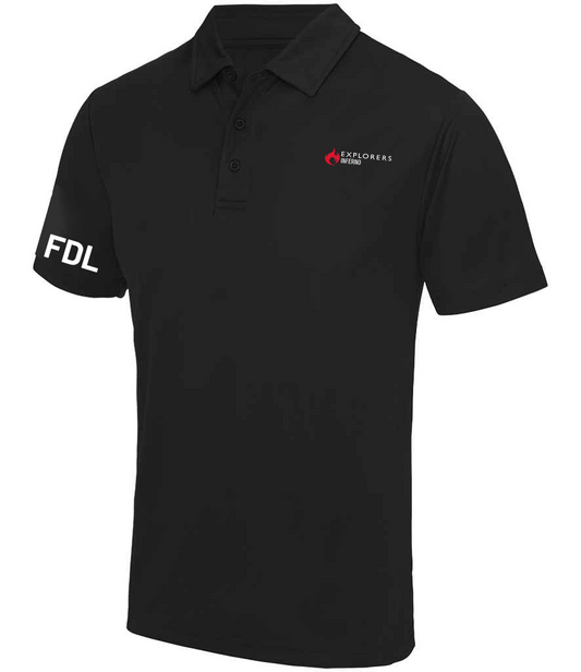 Inferno Esu Poloshirt with logo and FDL text on sleeve, black color, exclusive to Inferno ESU members.