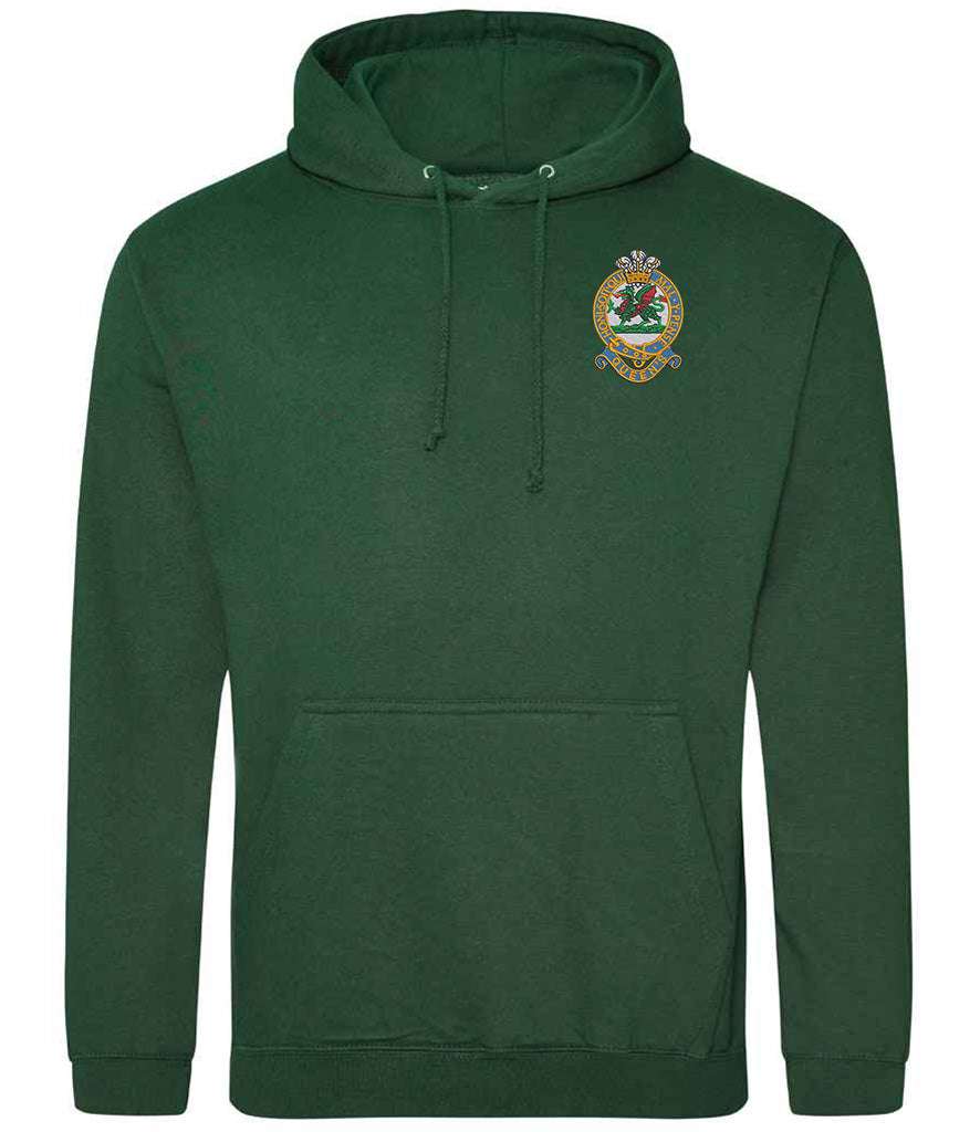 Queens Regiment embroidered hoodie in green with front pouch pocket and drawstring hood.