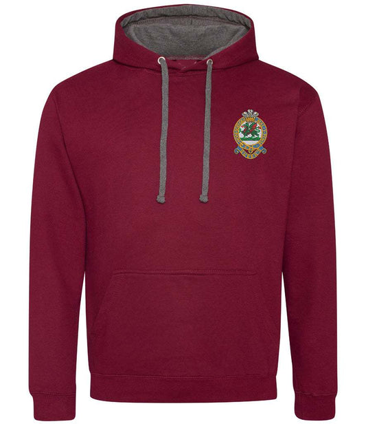 Queens Regiment Varsity Hoodie with emblem, maroon color, contrasting inner hood lining, and drawcords.