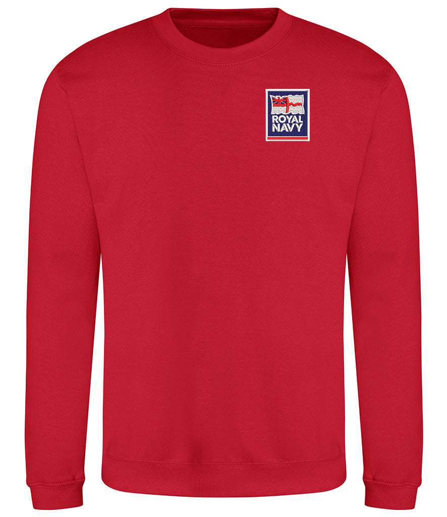 Red Royal Navy sweatshirt with prominent badge on chest, made of 80% cotton and 20% polyester for warmth and durability.