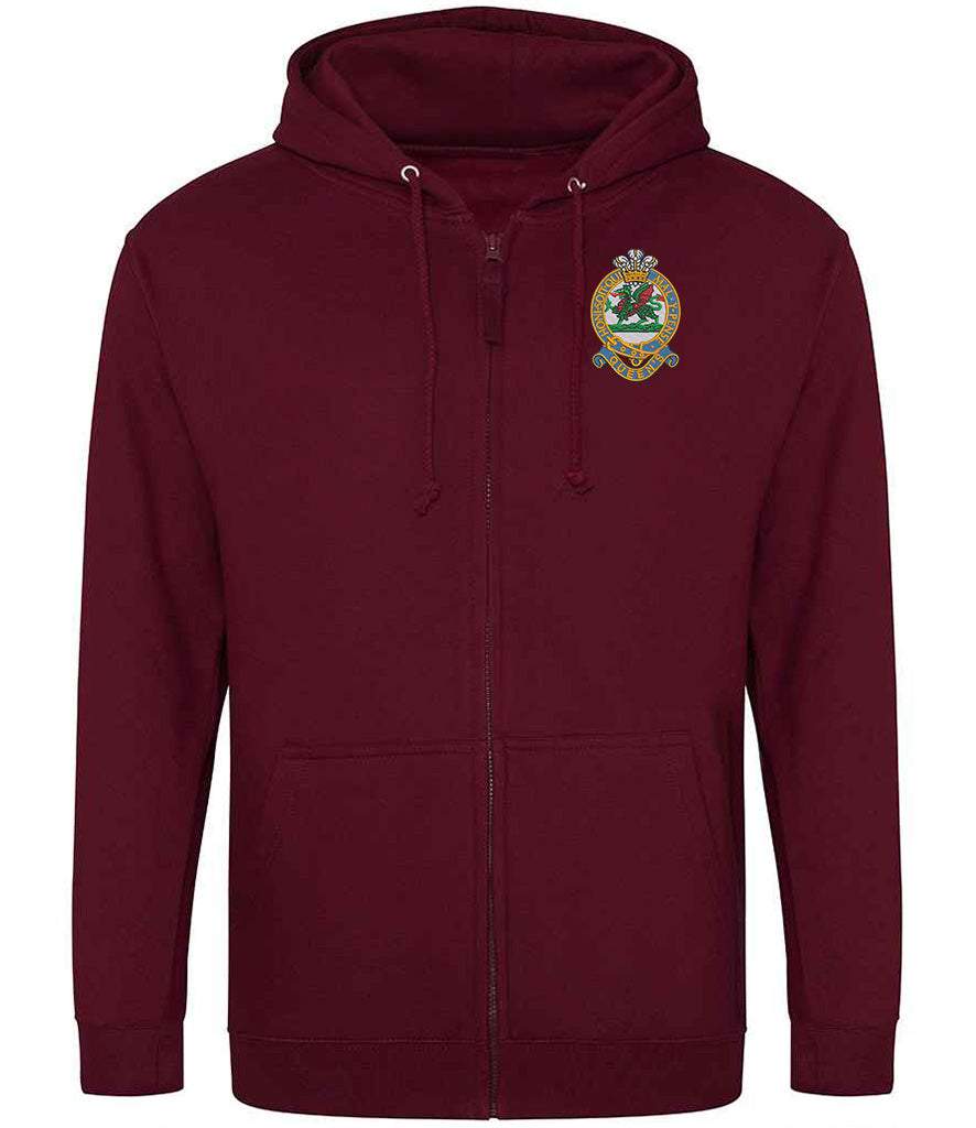 Maroon Queens Regiment zoodie with embroidered emblem, cotton-polyester blend, and double fabric hood.