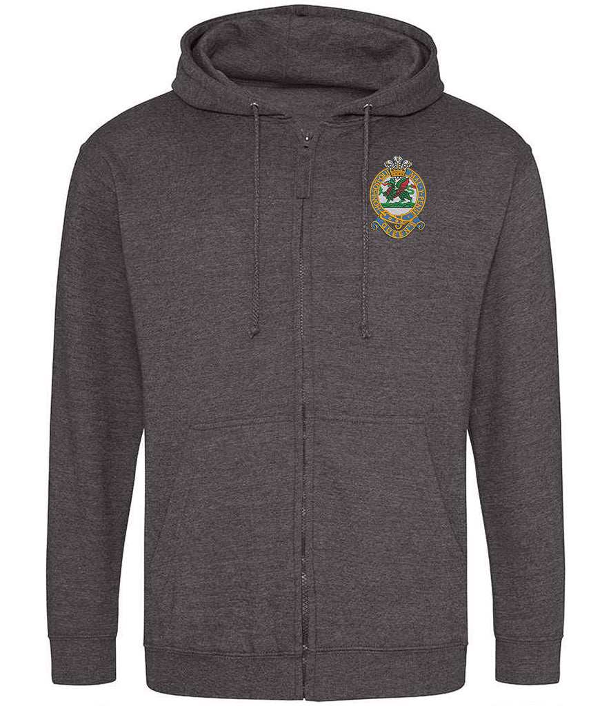 Queens Regiment Zoodie with embroidered emblem, dark gray hoodie, cotton-polyester blend, MOD licensed.