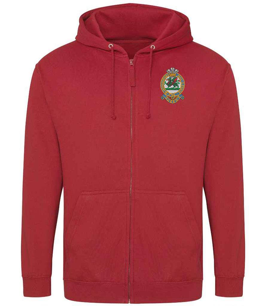 Red Queens Regiment Zoodie with embroidered emblem, made from 80% ringspun cotton and 20% polyester.