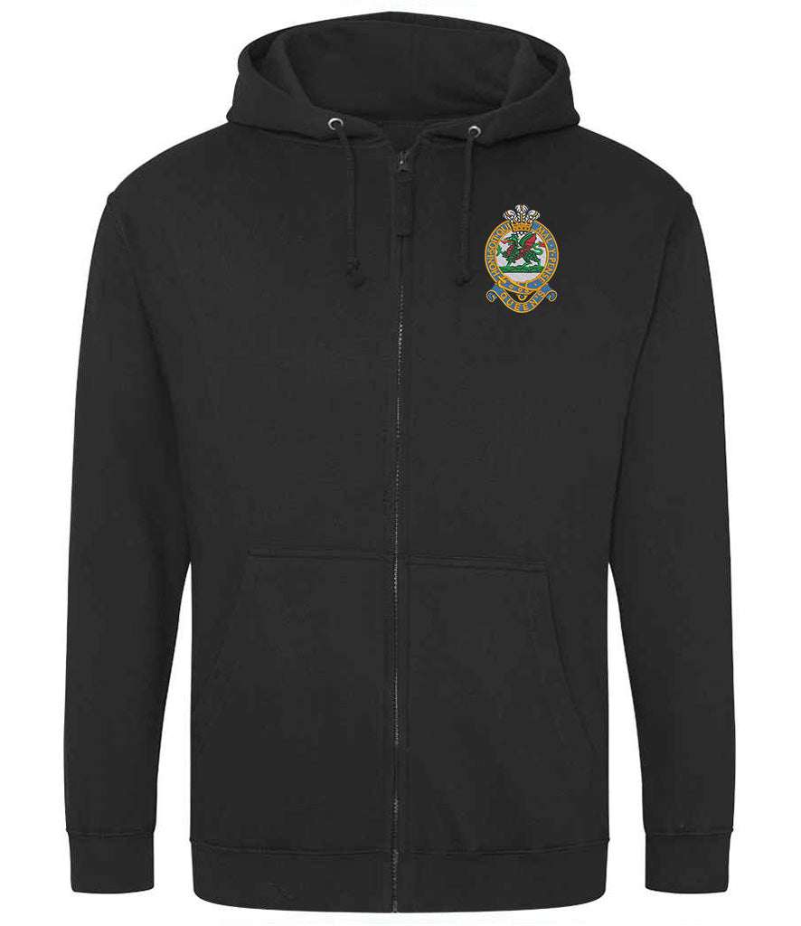 Queens Regiment Zoodie with embroidered emblem, 80% cotton, 20% polyester, black, double fabric hood.