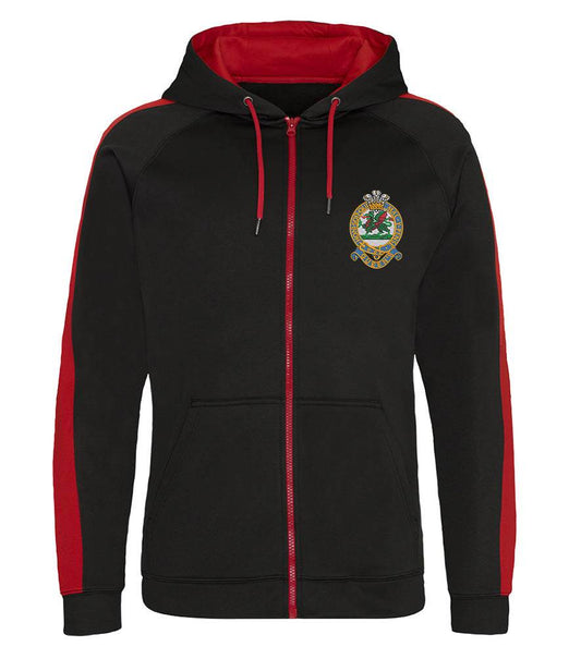 Queens Regiment Polyester Sports Zoodie with emblem, 100% polyester, black with red accents, double-fabric hood.