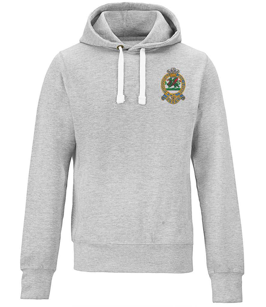 Queens Regiment Chunky Hoodie with embroidered emblem on grey fabric