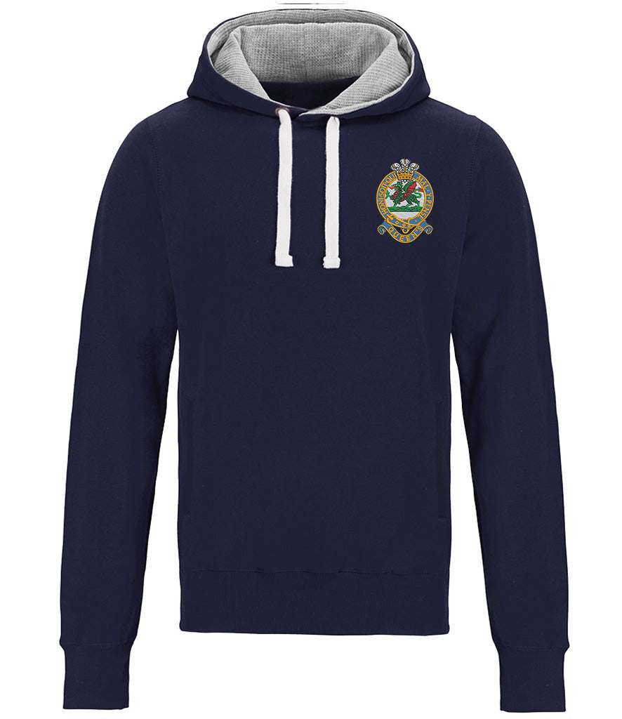 Queens Regiment Chunky Hoodie with embroidered emblem, navy color, double-layered hood, and soft cotton-faced fabric.