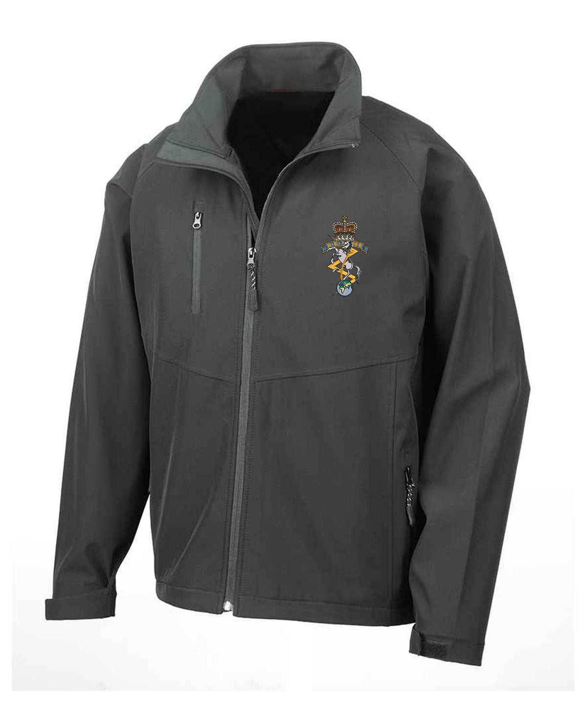 REME Soft Shell Jacket with badge, durable polyester/elastane blend, military heritage wear.