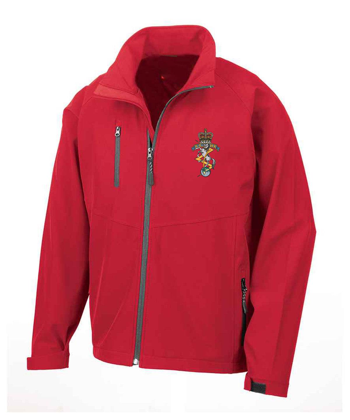 REME Veterans Soft Shell Jacket with badge, red, polyester/elastane blend.