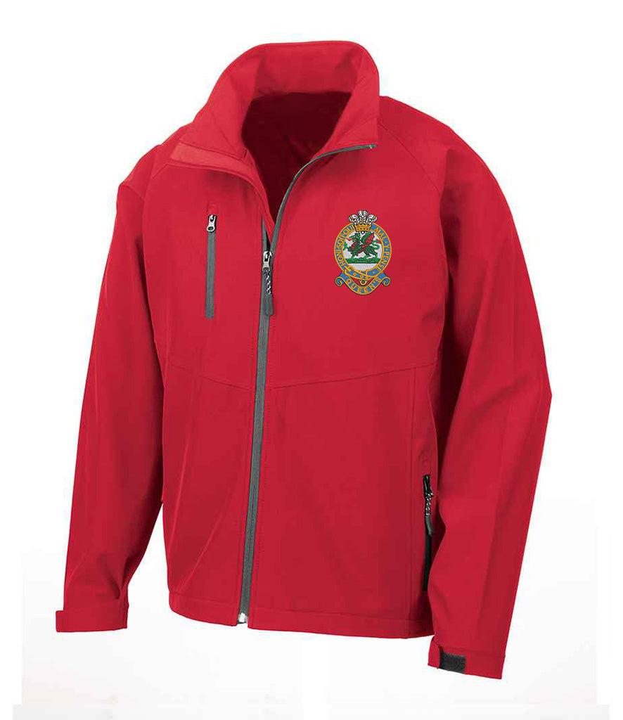 Red Queens Regiment Soft Shell Jacket with embroidered emblem, lightweight, showerproof, wind-resistant, and breathable for versatile wear.