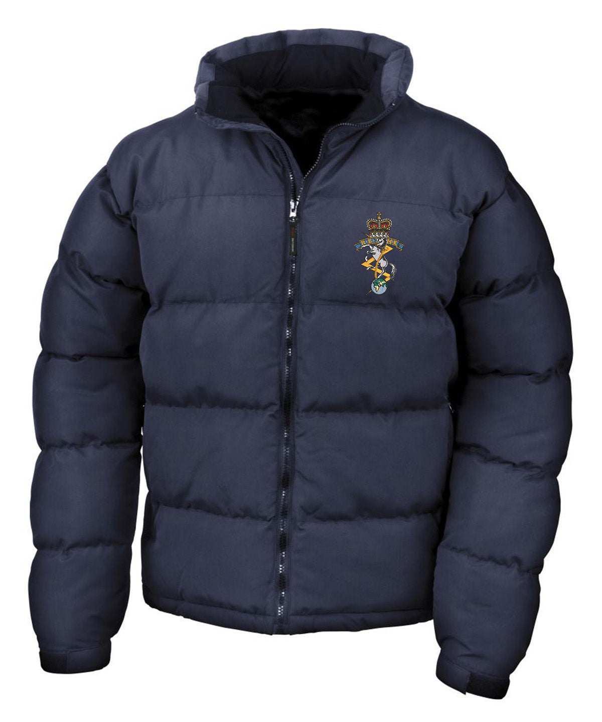 REME Veteran Down Feel Jacket with badge, navy blue, warm and durable design.