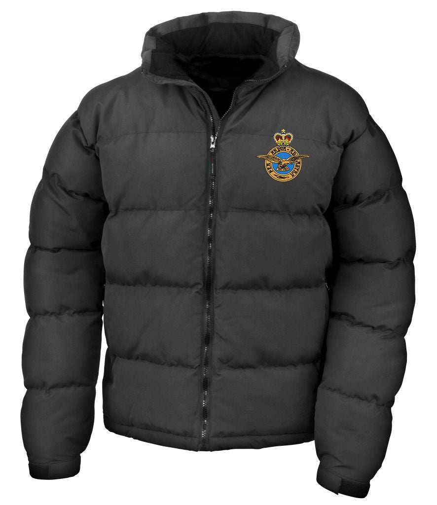 RAF Veteran Royal Airforce Down Feel Jacket with badge, durable polyester, soft shell for warmth and style.