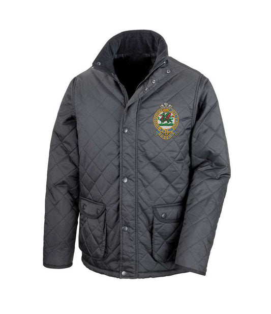 Queens Regiment Cheltenham Jacket, diamond quilted design, embroidered emblem, durable polyester, windproof, showerproof.