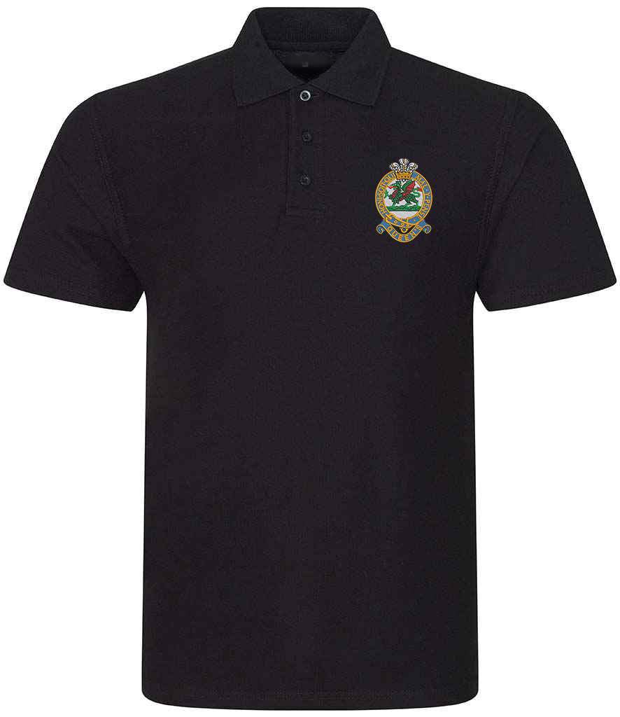 Queens Regiment Polo Shirt with embroidered emblem, black color, ribbed collar, three-button placket.