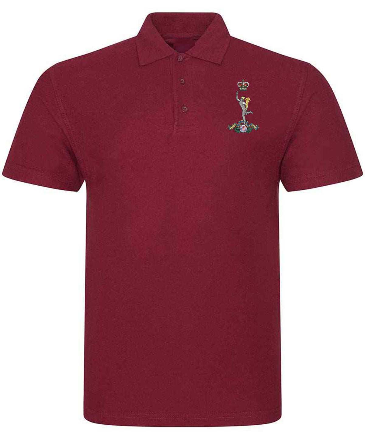 Royal Signals Polo Shirt with embroidered badge, 50% polyester and 50% cotton blend, stylish and durable.