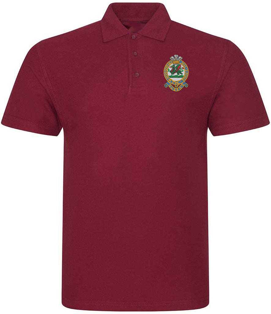 Queens Regiment Polo Shirt with embroidered emblem, maroon color, ribbed collar, 50% polyester and 50% cotton blend.