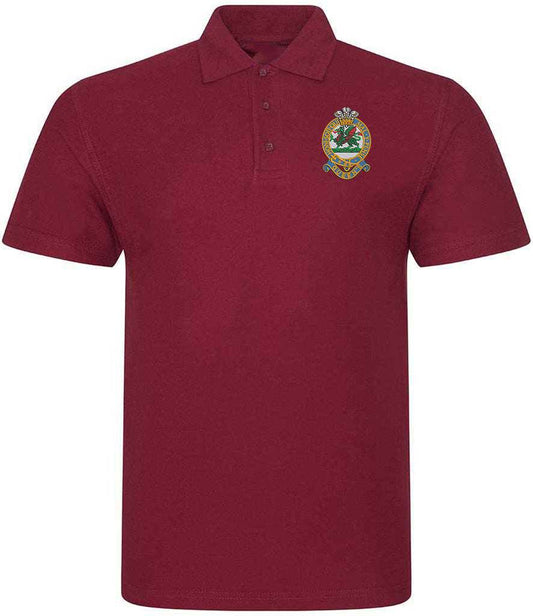 Queens Regiment Polo Shirt with embroidered emblem, maroon color, ribbed collar, 50% polyester and 50% cotton blend.