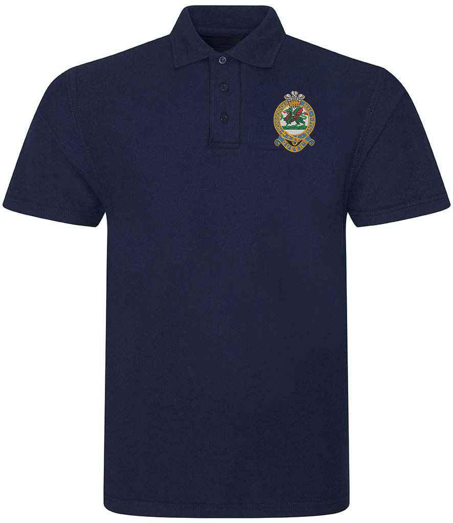 Queens Regiment Polo Shirt with embroidered emblem, navy color, 50% polyester, 50% cotton, ribbed collar, three-button placket.