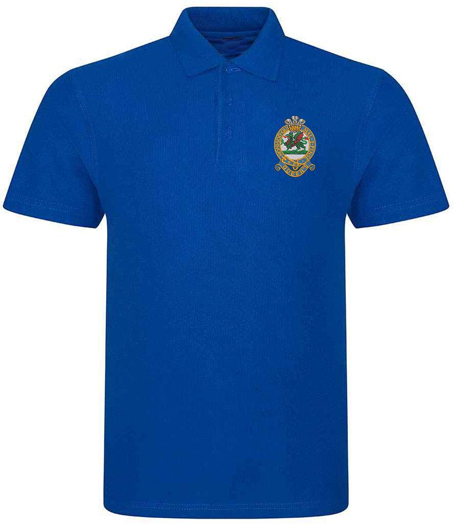 Blue Queens Regiment Polo Shirt with embroidered emblem, high-quality polyester-cotton blend, ribbed collar, and three-button placket.