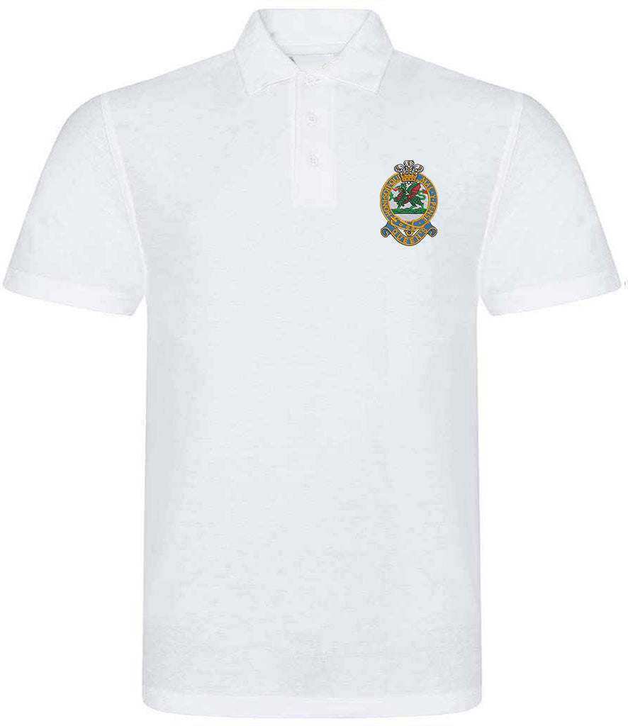 Queens Regiment Polo Shirt with embroidered emblem, 50% polyester and 50% cotton blend, ribbed collar, and three-button placket.