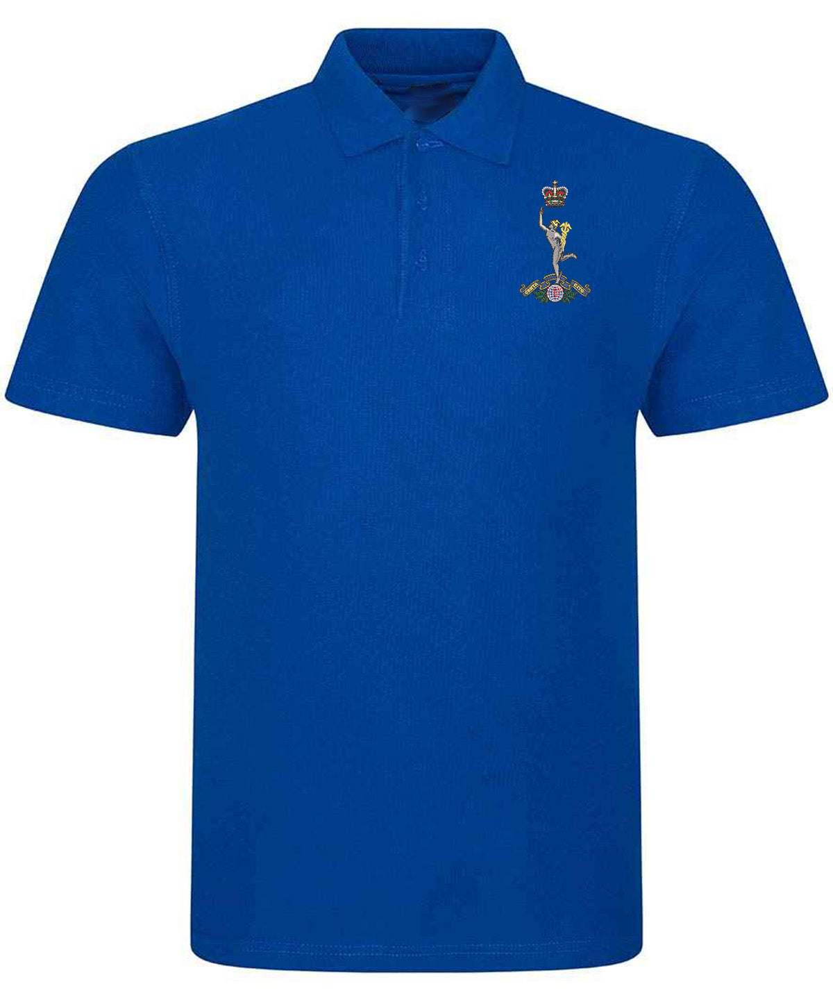 Royal Signals Polo Shirt with embroidered badge, blue, 50% polyester/50% cotton blend.