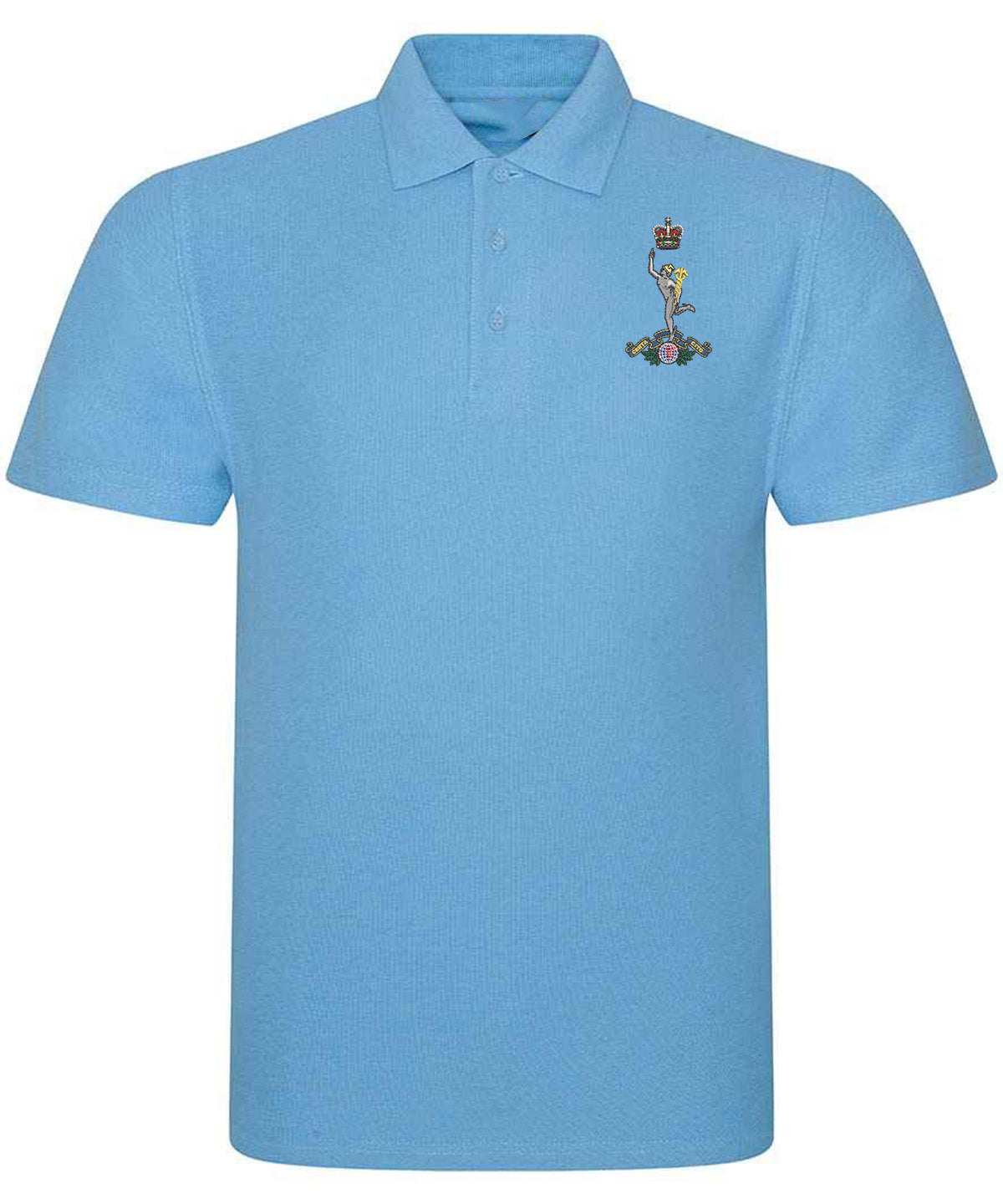 Royal Signals Polo Shirt with embroidered badge, 50/50 polyester-cotton blend, light blue.