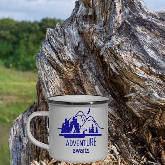 adventure awaits graphic enamel mug