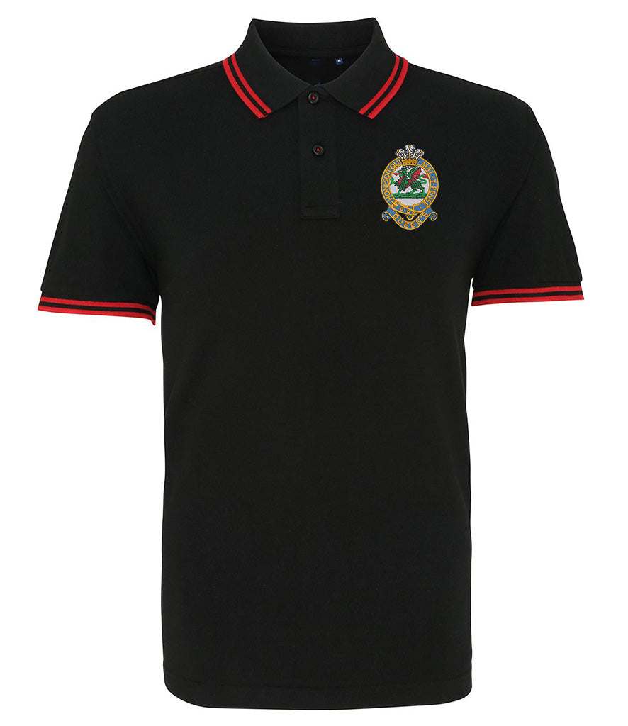 Queens Regiment Tipped Polo Shirt with emblem, 100% cotton, black with red accents, official MOD licensed product.