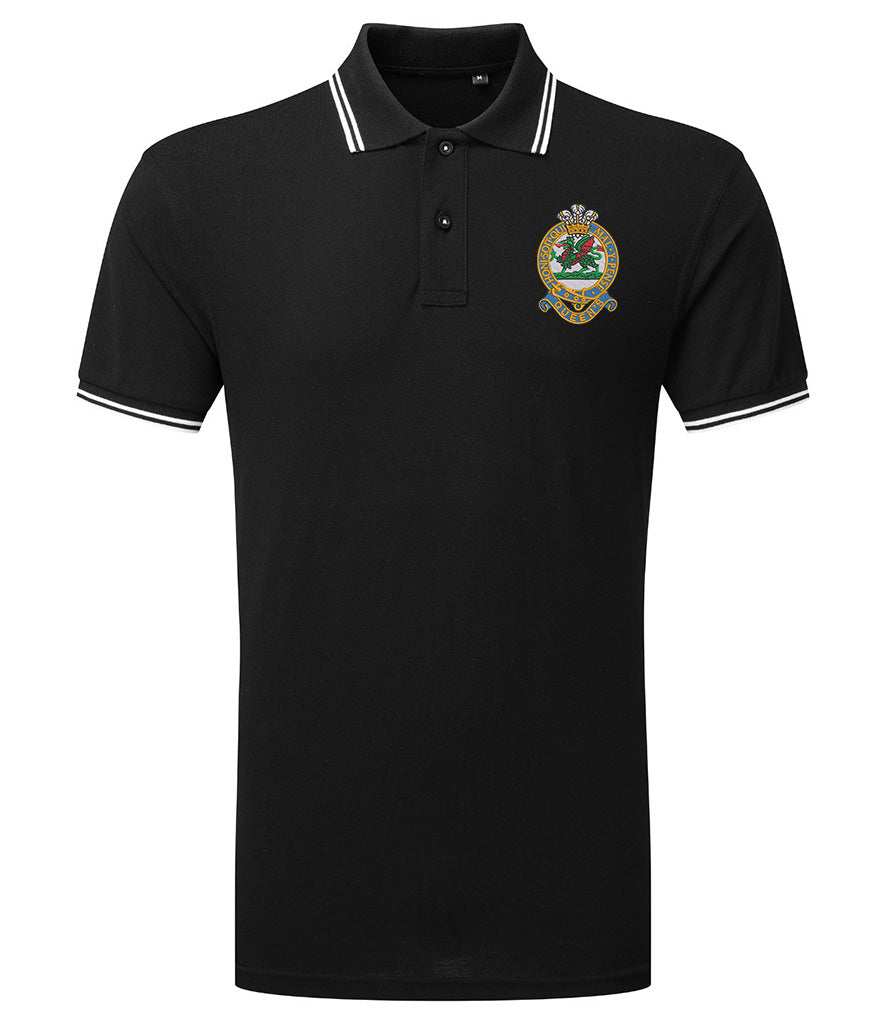 Queens Regiment Tipped Polo Shirt with emblem, black, embroidered, cotton, 200GSM fabric, tipped collar and cuffs.