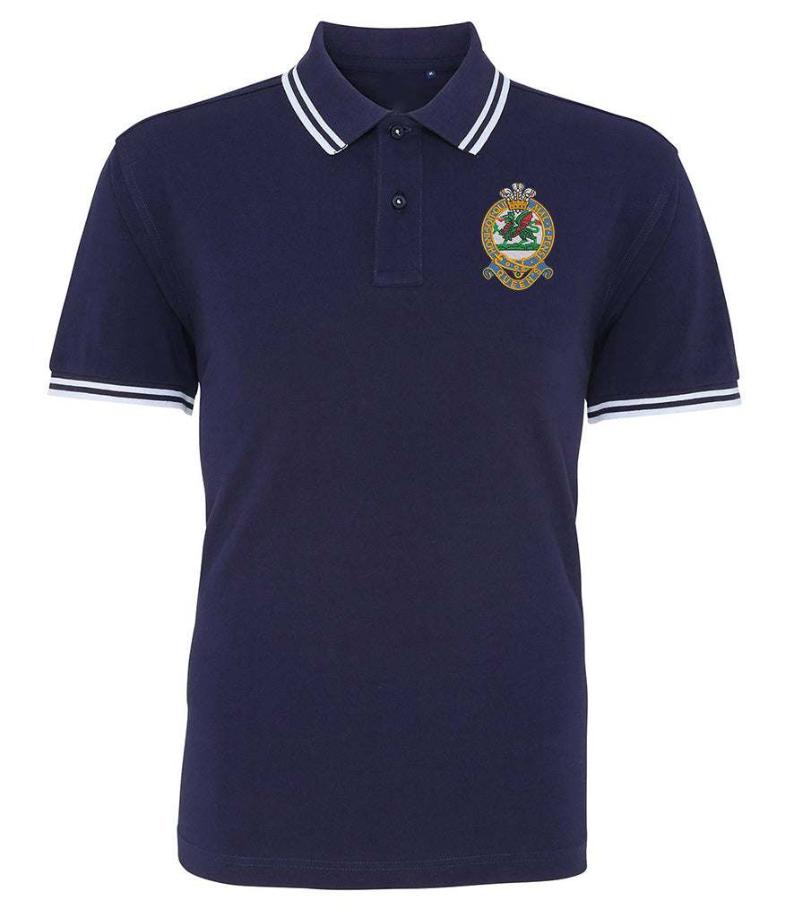 Queens Regiment Tipped Polo Shirt with emblem, 100% cotton, navy with contrast trim.