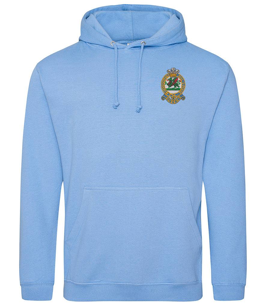 Queens Regiment Hoodie with embroidered emblem, blue color, durable cotton-polyester blend, front pouch pocket.