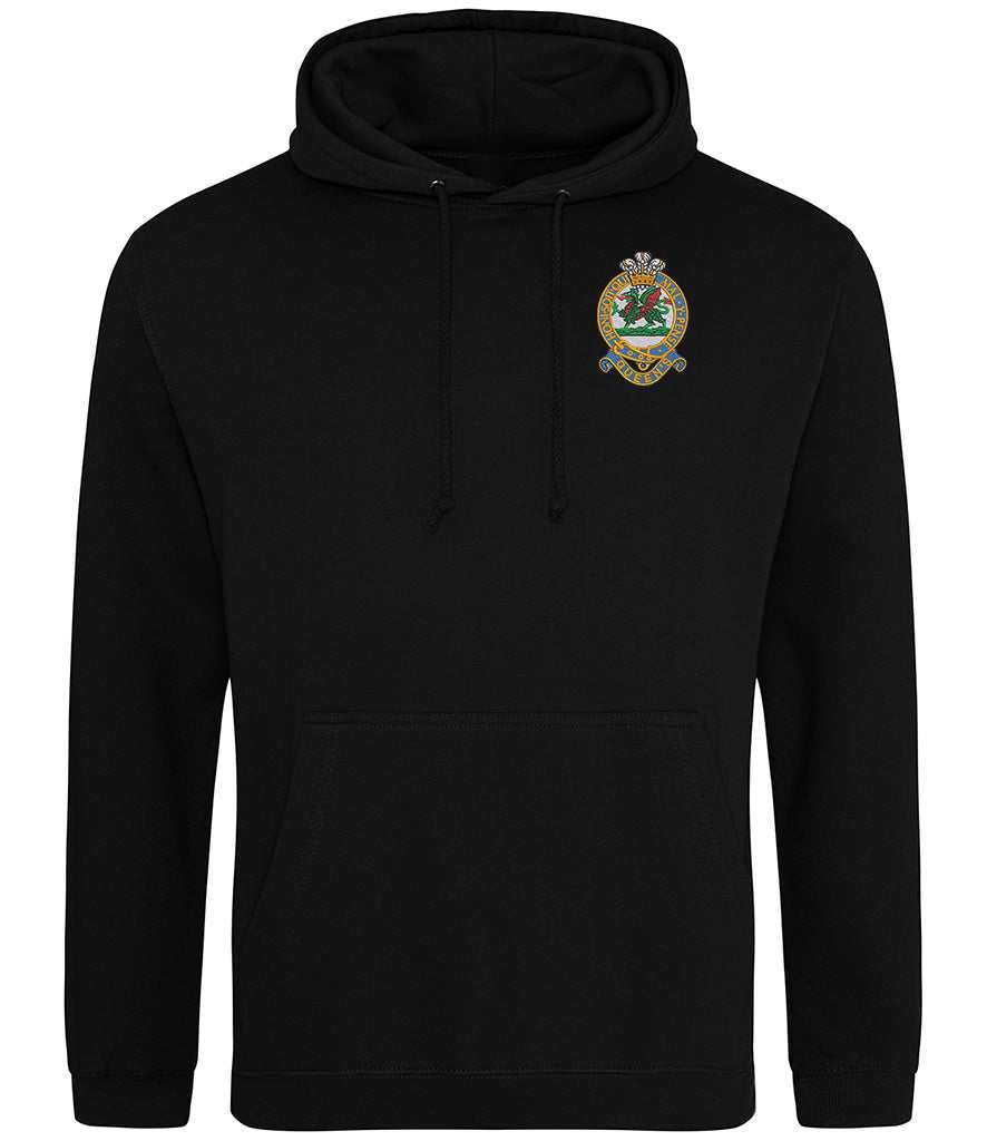 Queens Regiment Hoodie with emblem, black color, 80% ringspun cotton, 20% polyester, official MOD licensed product.