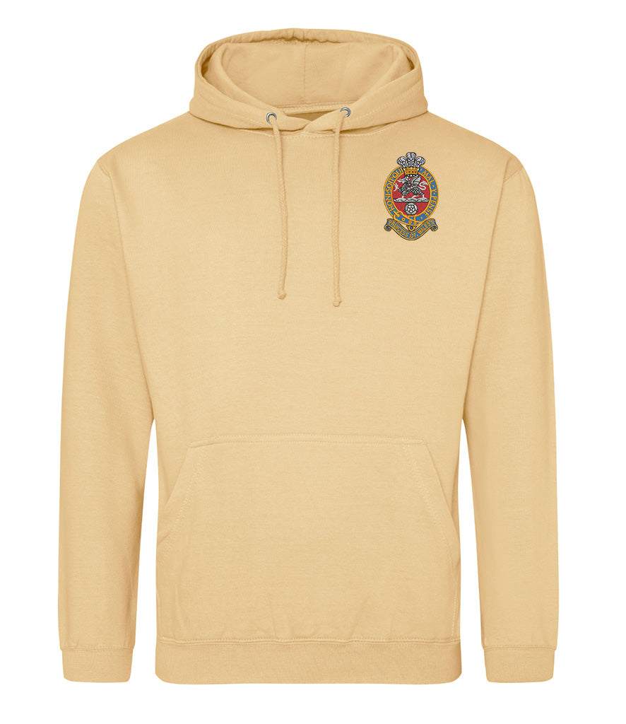 The Princess of Wales's Royal Regiment hoodie with embroidered emblem, beige color, front pouch pocket, drawstring hood.