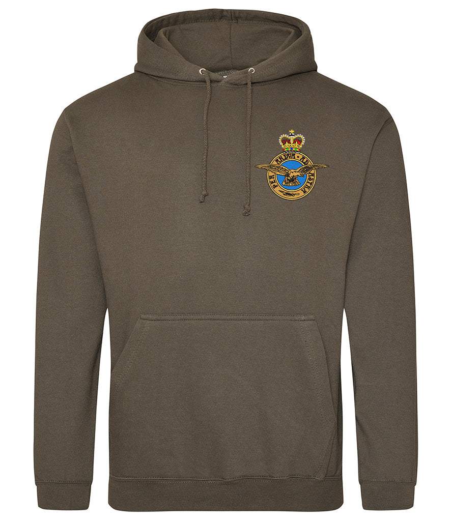 RAF Hoodie with embroidered badge; soft cotton-polyester blend, durable and stylish.